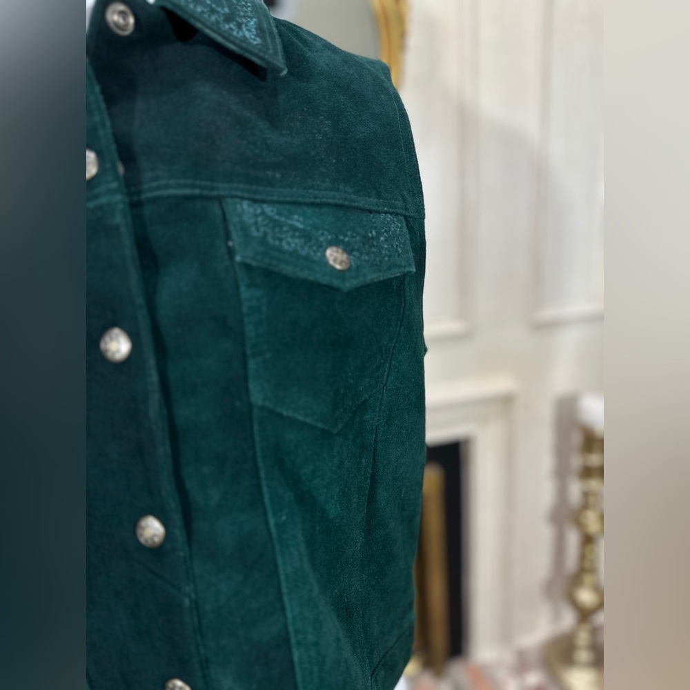 AGAR Suede Leather‎ Vest XL Green Western Snap Front Embroidered Y2K Rodeo - Picture 2 of 10